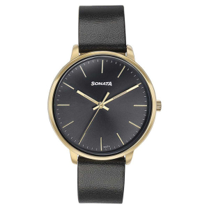 Sonata Quartz Analog Black Dial Black Leather Strap Watch For Women 87069YL01