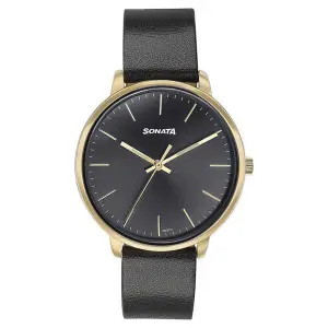 Sonata Quartz Analog Black Dial Black Leather Strap Watch For Women 87069YL01