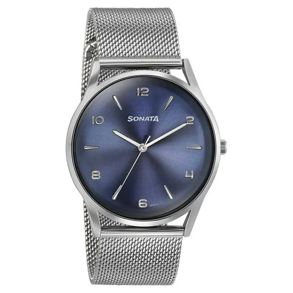 Sonata Quartz Analog Blue Dial Silver Stainless Steel Strap Watch For Men - Image 2