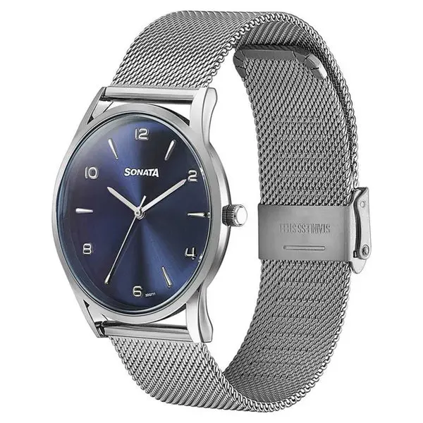 Sonata Quartz Analog Blue Dial Silver Stainless Steel Strap Watch For Men - Image 3