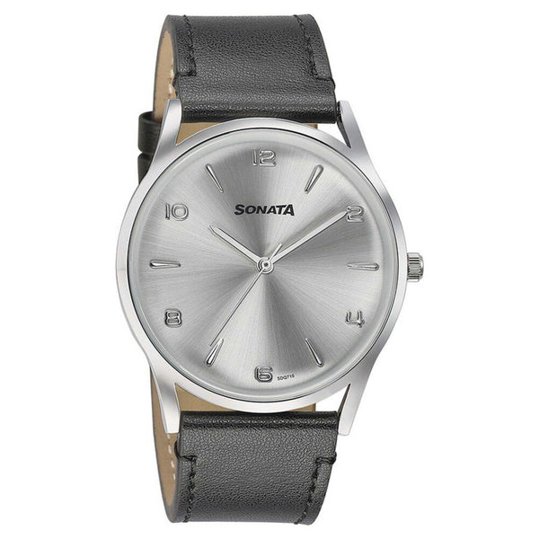 Sonata Quartz Analog Silver Dial Black Leather Strap Watch For Men - Image 2