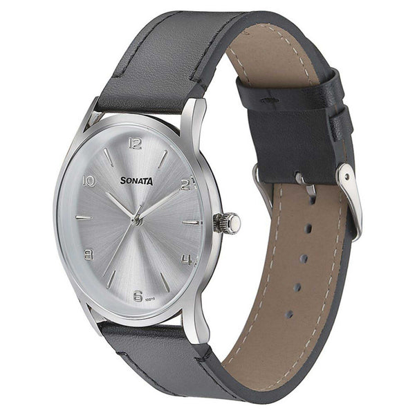 Sonata Quartz Analog Silver Dial Black Leather Strap Watch For Men - Image 3