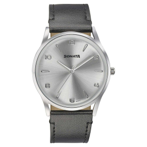 Sonata Quartz Analog Silver Dial Black Leather Strap Watch For Men