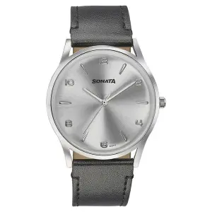 Sonata Quartz Analog Silver Dial Black Leather Strap Watch For Men