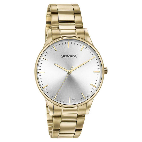 Sonata Quartz Analog Silver Dial Golden Stainless Steel Strap Watch For Men - Image 2
