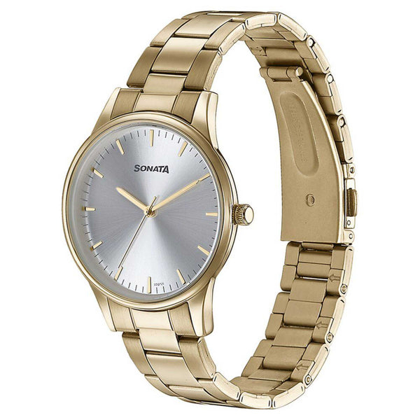 Sonata Quartz Analog Silver Dial Golden Stainless Steel Strap Watch For Men - Image 3