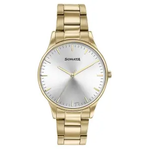 Sonata Quartz Analog Silver Dial Golden Stainless Steel Strap Watch For Men