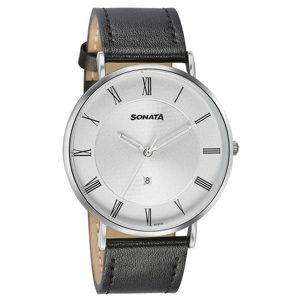 Sonata Quartz Analog with Date Silver Dial Black Leather Strap Watch For Men - Image 2