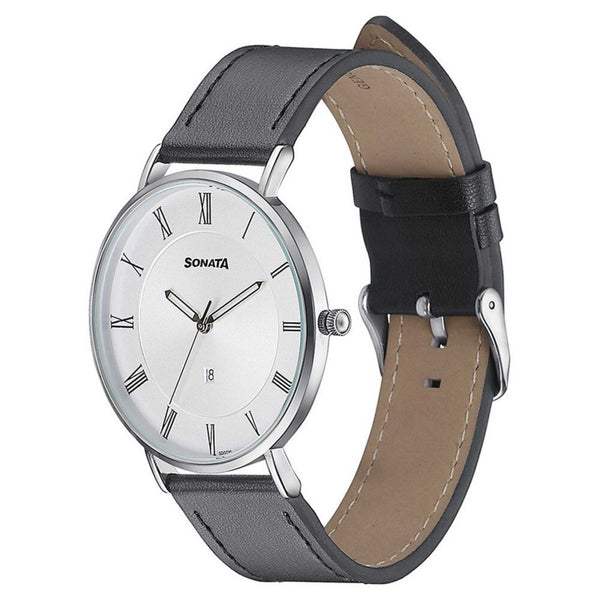 Sonata Quartz Analog with Date Silver Dial Black Leather Strap Watch For Men - Image 3
