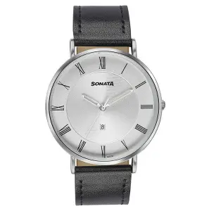 Sonata Quartz Analog with Date Silver Dial Black Leather Strap Watch For Men