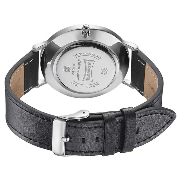Sonata Quartz Analog with Date Silver Dial Black Leather Strap Watch For Men - Image 5