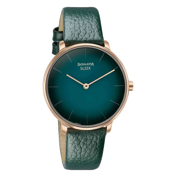 Sonata Sleek Quartz Analog Green Dial Green Leather Strap Watch for Women - Image 2