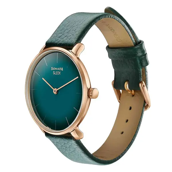 Sonata Sleek Quartz Analog Green Dial Green Leather Strap Watch for Women - Image 3