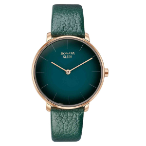 Sonata Sleek Quartz Analog Green Dial Green Leather Strap Watch for Women
