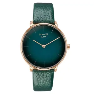 Sonata Sleek Quartz Analog Green Dial Green Leather Strap Watch for Women