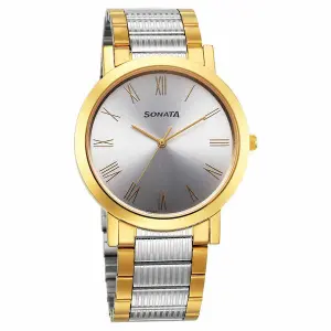 Sonata Utsav Quartz Analog Grey Dial Stainless Steel Strap Watch for Men