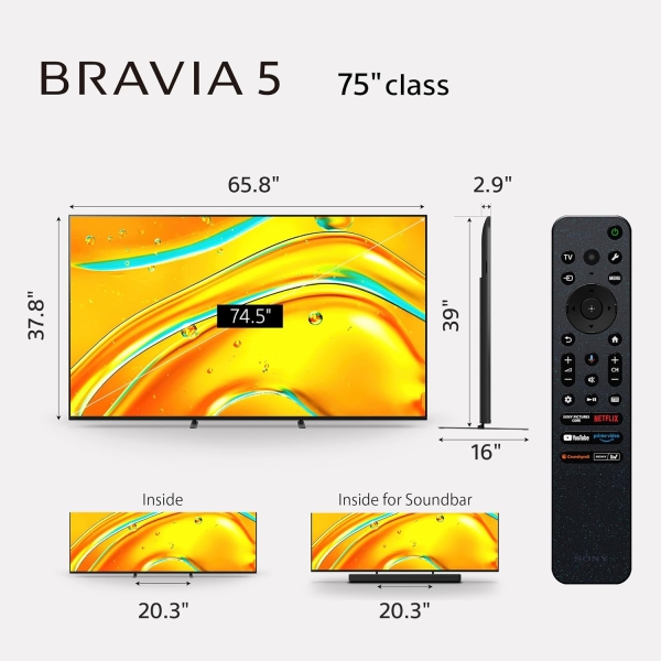 Sony BRAVIA 5 75 Inch TV, Mini LED, 4K Smart Google TV, XR Processor with AI Technology,120hz Television with Dolby Vision/Atmos, Exclusive Features for PlayStation®5 (K-75XR50) - Image 2