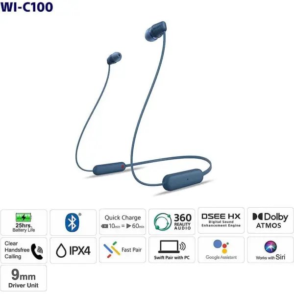 SONY WI-C100 Wireless Headphones with Customizable Equalizer for Deep Bass & 25 Hrs Battery, DSEE-Upscale, Splash Proof, 360RA, Fast Pair, in-Ear Bluetooth Headset with Mic - Image 8