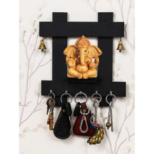 Square Wooden 5 Hook Key Holder WIth Bell Design- Idol Included