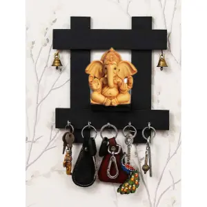 Square Wooden 5 Hook Key Holder WIth Bell Design- Idol Included