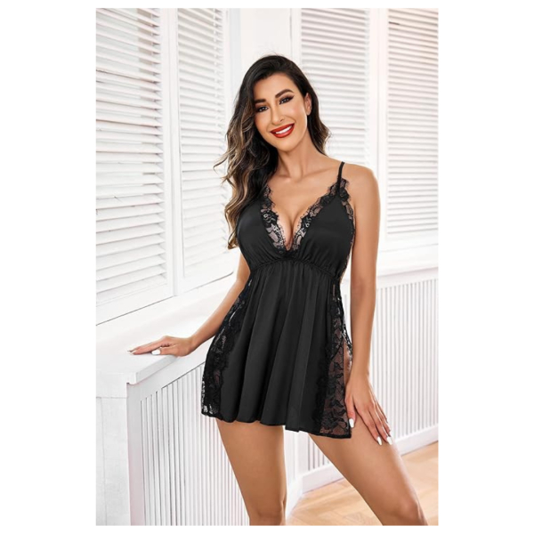 Stylish Lace Net Babydoll Lingerie for Women V-Neck Above Knee Short Innerwear Night Dress for Women | Sleepwear Honeymoon Nightwear with Side Slit Elegant Nighty With G-string Panty Free Size Black Color - Image 5