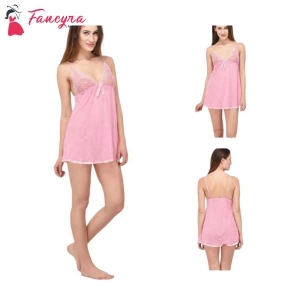 Stylish Nightwear Babydoll Lingerie for Honeymoon with G String Panty Free Size Pink Color