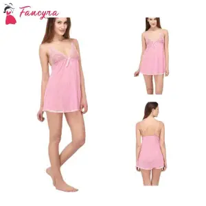 Stylish Nightwear Babydoll Lingerie for Honeymoon with G String Panty Free Size Pink Color