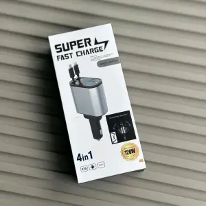 Super Fast 120W Car Charger 4 In 1 Retractable Dual Port USB & Type-C Built In Cables Lightning & Type-C Adjustable Direction Digital Screen Voltage
