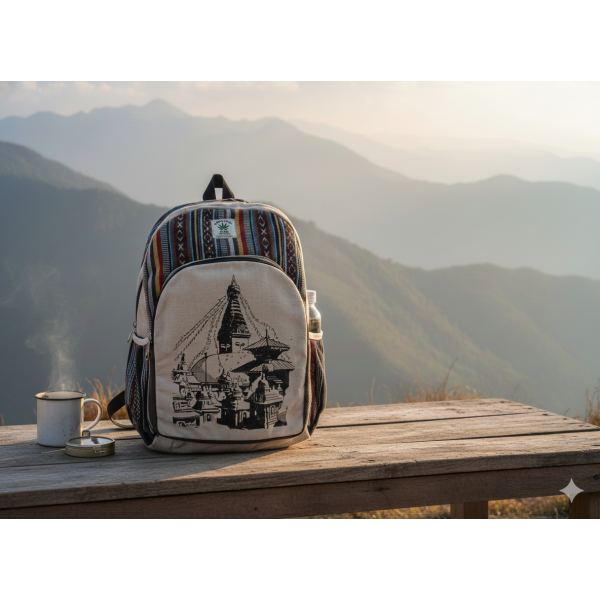 Swoyambhunath Printed Handmade Sustainable Hemp & Cotton Mix Backpack for Unisex - Image 2
