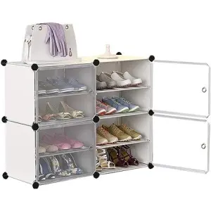 Table Runner Dustproof Shoe Rack 2 Columns 4 Tier Plastic Withdoor Removable Storage 16 Pairs Of Shoes Dormitory Living Room