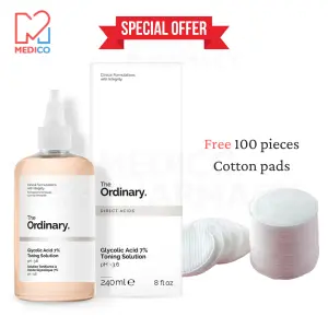 The Ordinary Glycolic Acid 7% Exfoliating Toner And Cotton Round Pads Combo 2 In 1 Skincare Solution For Smooth And Glowing Skin 240 ML