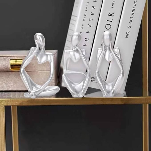 Thinker Statue Silver Decor Abstract Art Sculpture Resin 3Pcs Set - Image 2