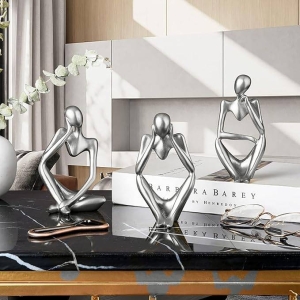 Thinker Statue Silver Decor Abstract Art Sculpture Resin 3Pcs Set