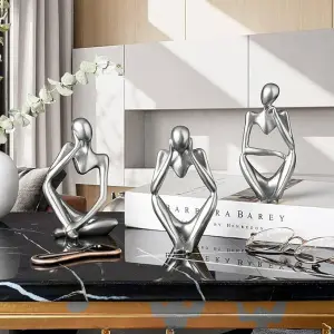 Thinker Statue Silver Decor Abstract Art Sculpture Resin 3Pcs Set