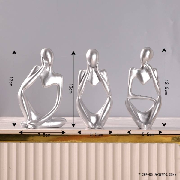 Thinker Statue Silver Decor Abstract Art Sculpture Resin 3Pcs Set - Image 6
