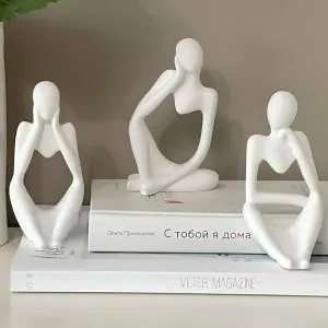 Thinker Statue White Decor 3Pcs Set Abstract Art Sculpture Resin