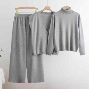 Three Peice Co Ord Set. High Neck Full Sleeve Sweater With Outer And Pant Set.