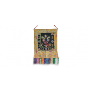 Tibetan Mahakala Embroidered Silk Brocade Banner - Nepali Cotton Wall Hanging (50x60cm) - Spiritual Home Decor