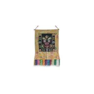 Tibetan Mahakala Embroidered Silk Brocade Banner - Nepali Cotton Wall Hanging (50x60cm) - Spiritual Home Decor