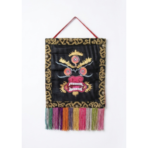 Tibetan Mahakala Embroidered Wall Hanging - Silk Brocade & Cotton Buddhist Banner - Made in Nepal (33x37 cm)