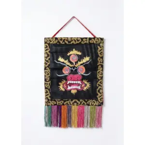 Tibetan Mahakala Embroidered Wall Hanging - Silk Brocade & Cotton Buddhist Banner - Made in Nepal (33x37 cm)