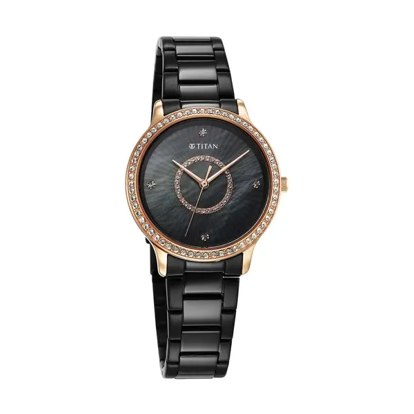 Titan Glamour Quartz Analog Black Dial Black Stainless Steel Strap Watch For Women
