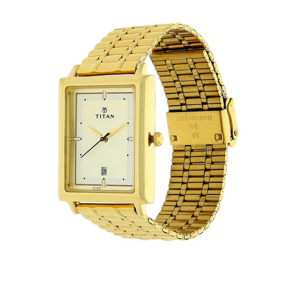 Titan Quartz Analog with Date Champagne Dial Golden Stainless Steel Strap Rectangular Shaped Watch For Men - Image 2