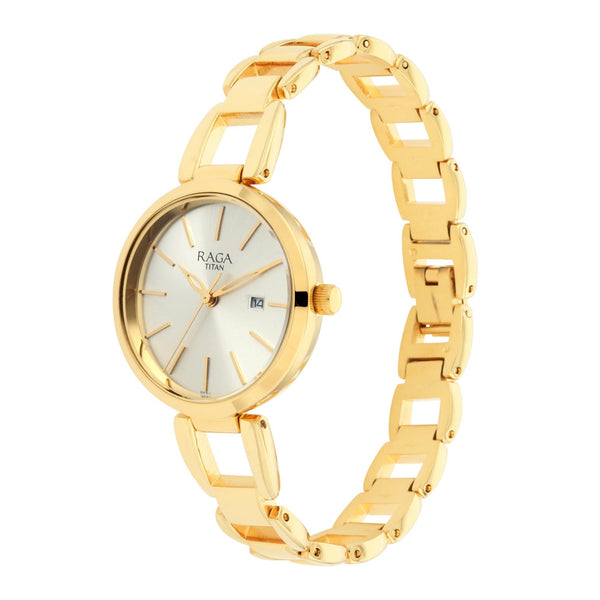 Titan Raga Viva Golden Dial Analog with Date Metal Strap Watch for Women - Image 3