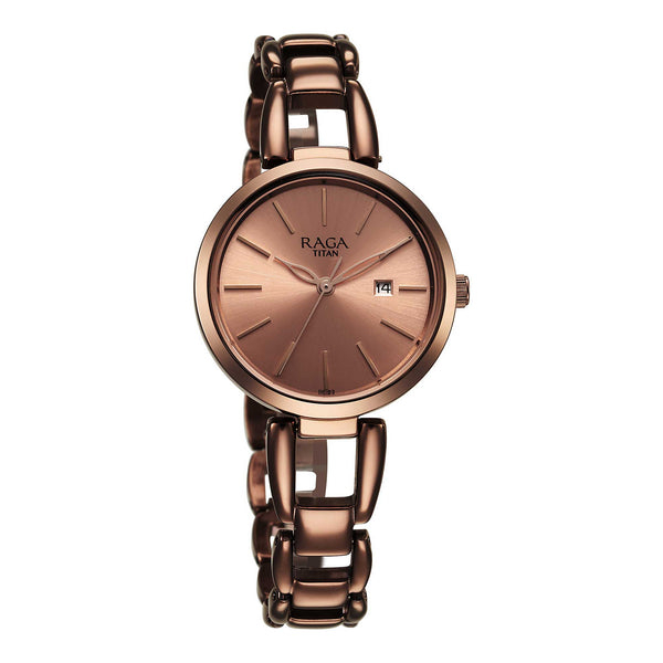 Titan Raga Viva Quartz Analog with Date Rose Gold Dial Brown Metal Strap Watch for Women - Image 3