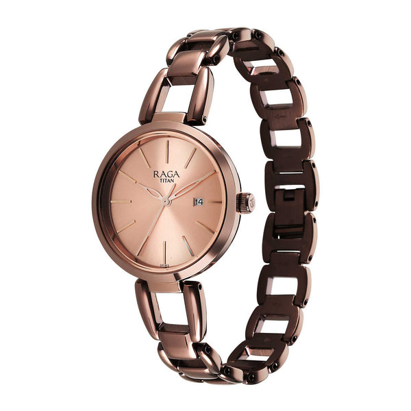 Titan Raga Viva Quartz Analog with Date Rose Gold Dial Brown Metal Strap Watch for Women - Image 4