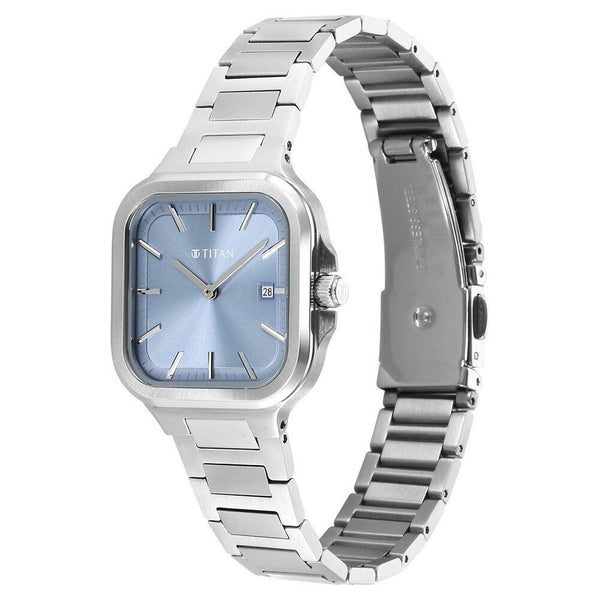 Titan Slim Square Quartz Alog with Date Blue Dial With Silver Color Stainless Steel Strap Watch For Women - Image 3