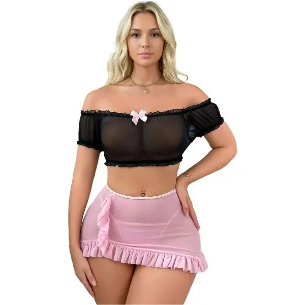 Transparent Soft Net Top & Ruffle Skirt Lingerie Set For Women - Image 2