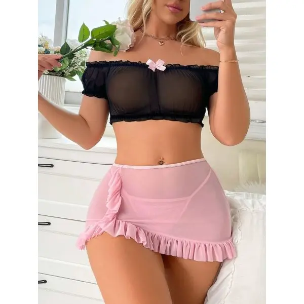 Transparent Soft Net Top & Ruffle Skirt Lingerie Set For Women - Image 3