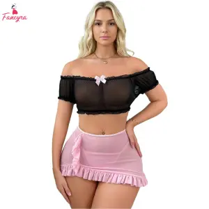 Transparent Soft Net Top & Ruffle Skirt Lingerie Set For Women